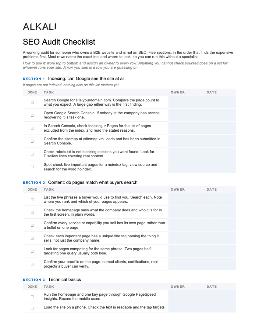 SEO audit checklist, page one: indexing and content sections with checkbox, task, owner and date columns, each task naming the tool and where to look.
