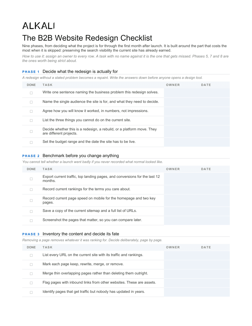 Website redesign checklist, page one: phases for deciding what the redesign is for, benchmarking the current site, and inventorying content, each as a table with done, task, owner and date columns.