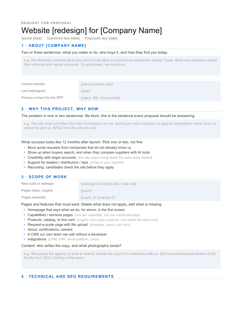 Website RFP template, page one: about the company, why this project, scope of work with example answers for a fictitious industrial distributor, and fill-in fields for current website and primary contact.