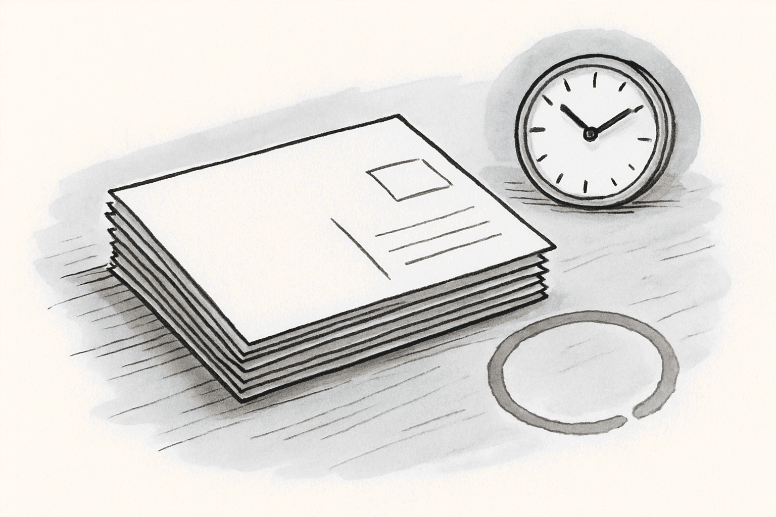 A neat stack of postcards on a desk with the top one turned slightly over to show its blank back, a small coffee ring beside it.