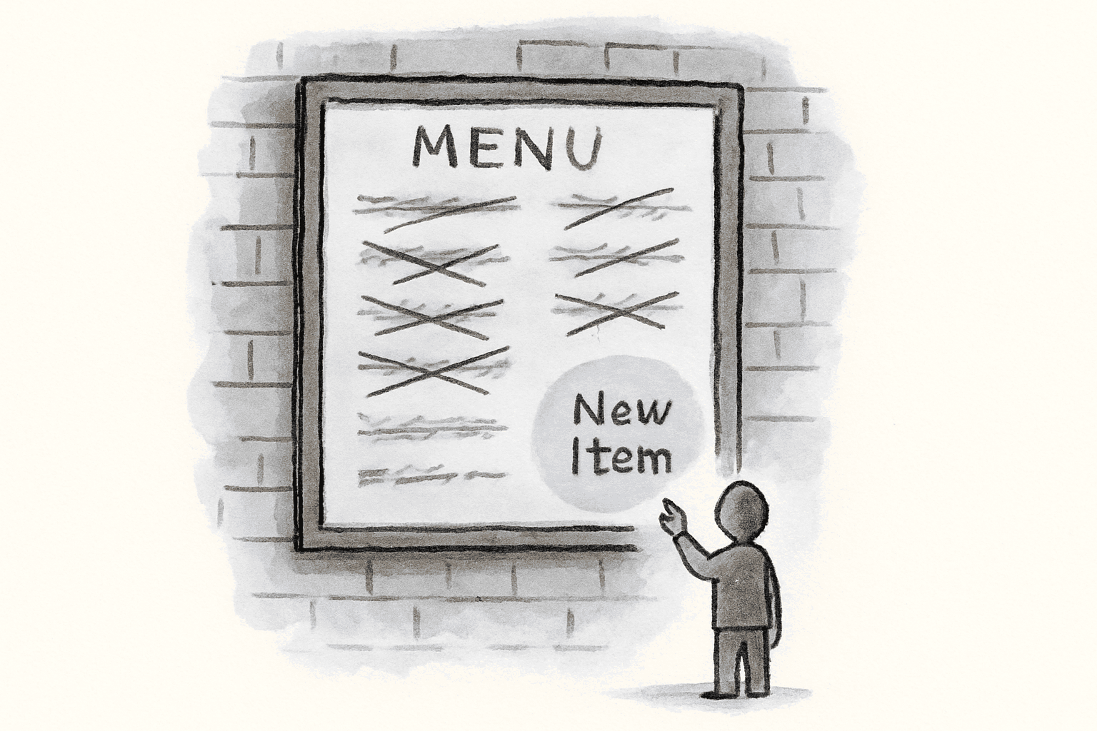 A chalkboard menu with most items crossed out and one fresh new item written in the bottom corner