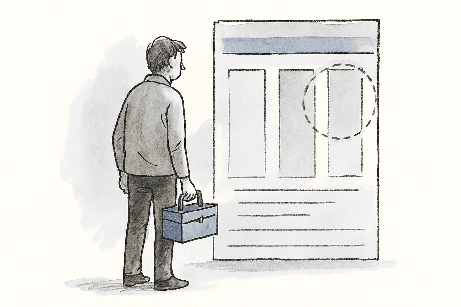 A figure stands in front of a tall flat panel showing a rough webpage outline, holding a small open toolbox, looking from toolbox to panel and back.