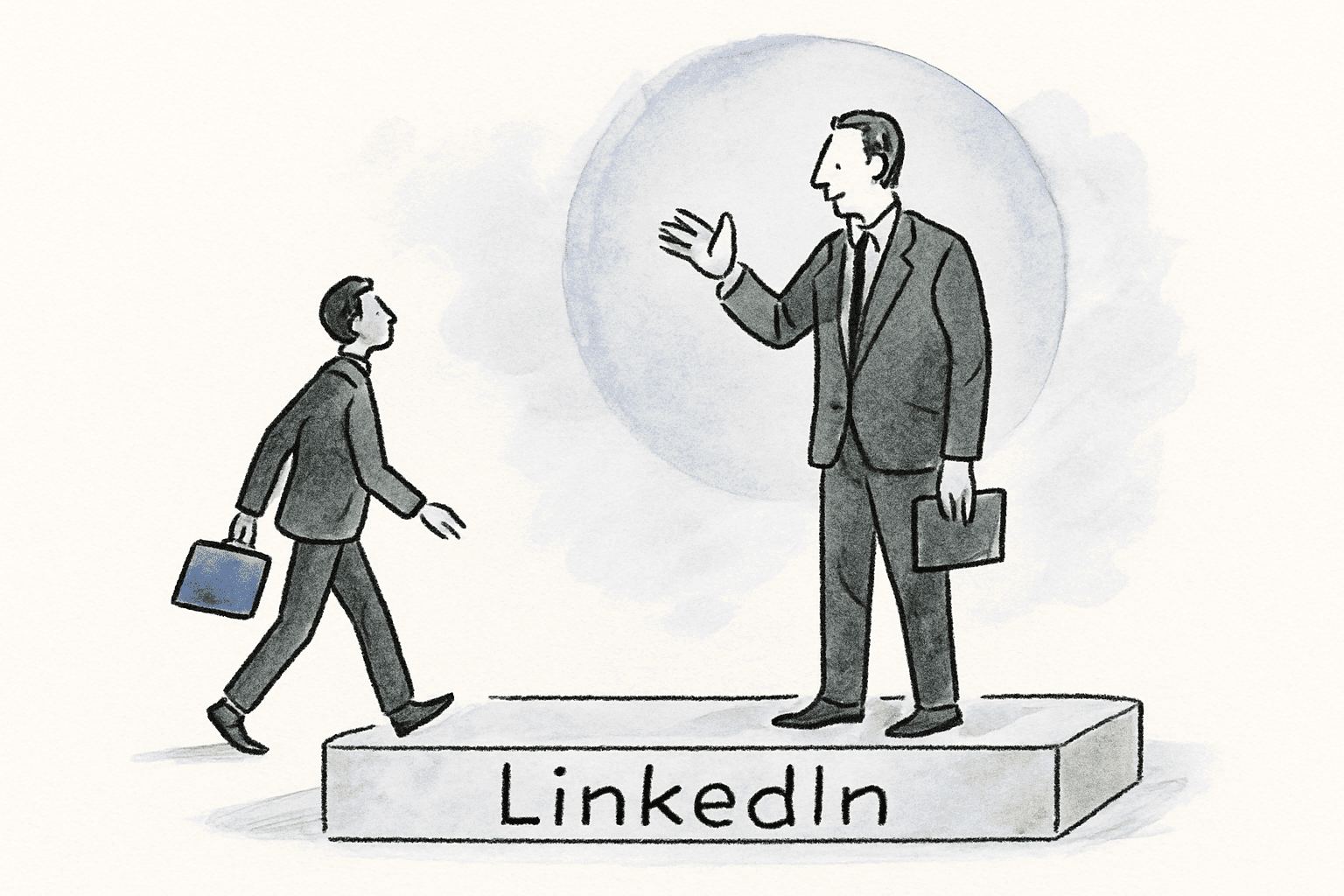 A small figure walking onto a low platform labeled LinkedIn under a soft blue circular wash, greeted by another figure mid-conversation.