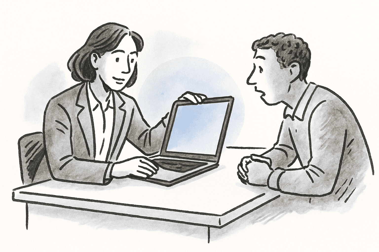 A salesperson rotating a laptop screen across a desk toward a surprised customer.