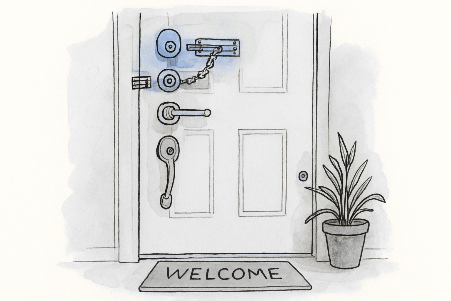 A front door with multiple locks and a barely visible doorbell, presenting an obstacle course where there should be a welcome