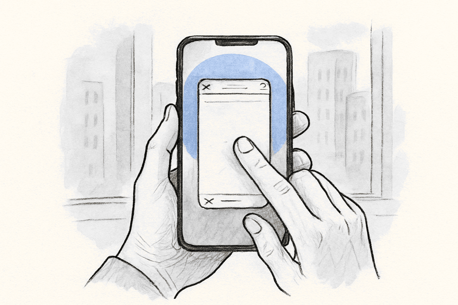 A hand holding a smartphone toward the viewer, a thumb in the gesture of swiping a browser tab closed, a blurred city window behind.
