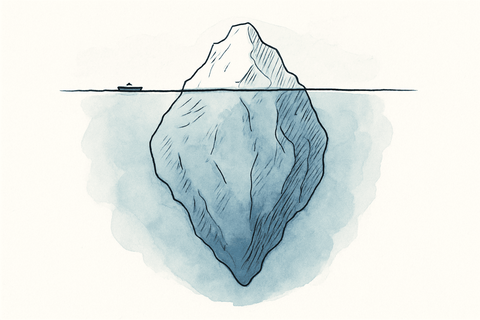 An iceberg seen from beside a small boat, with the visible tip a fraction of the mass below the waterline, suggesting unseen scale.