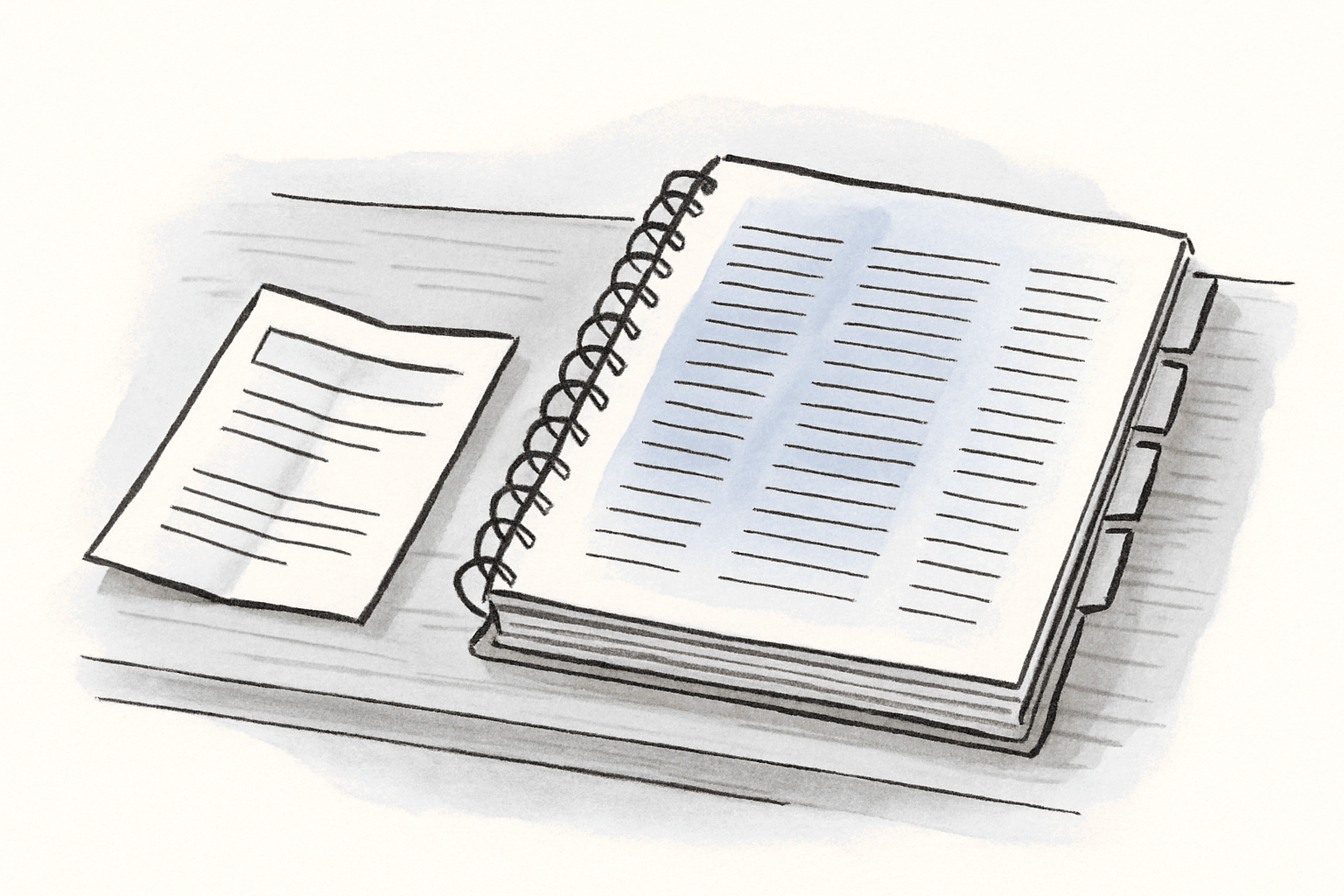 A thin brochure next to a thick spiral-bound catalog open on a wooden desk.