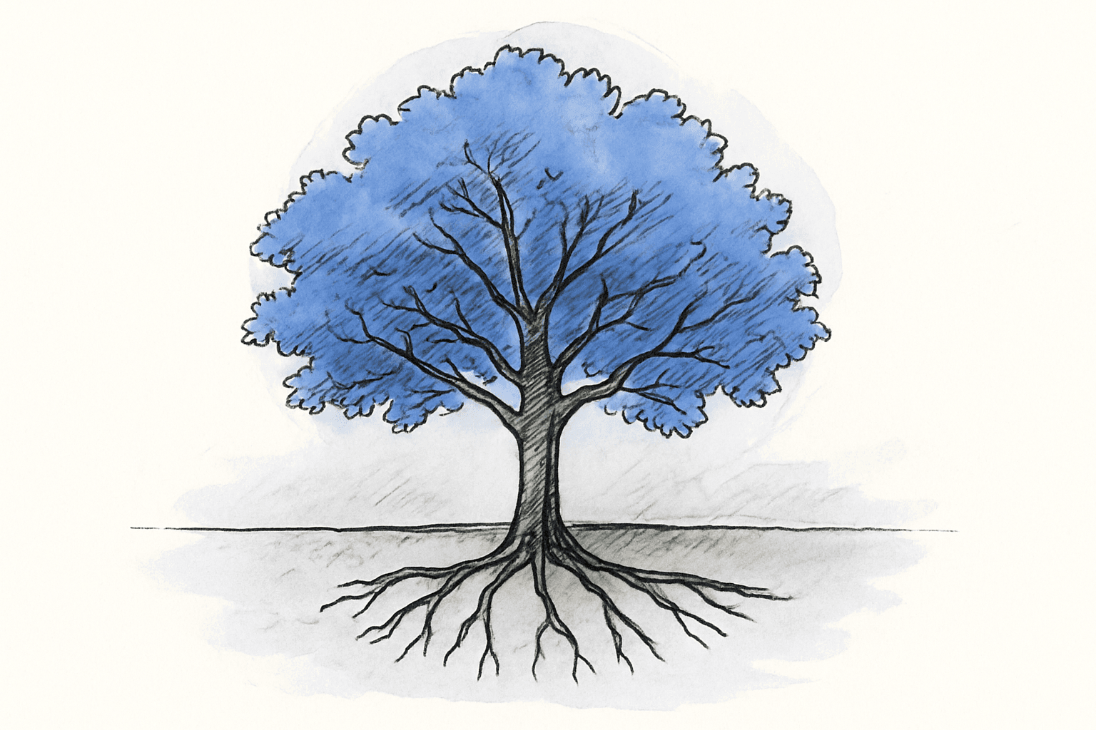 A tree with a full canopy above ground and stunted, flat roots below.