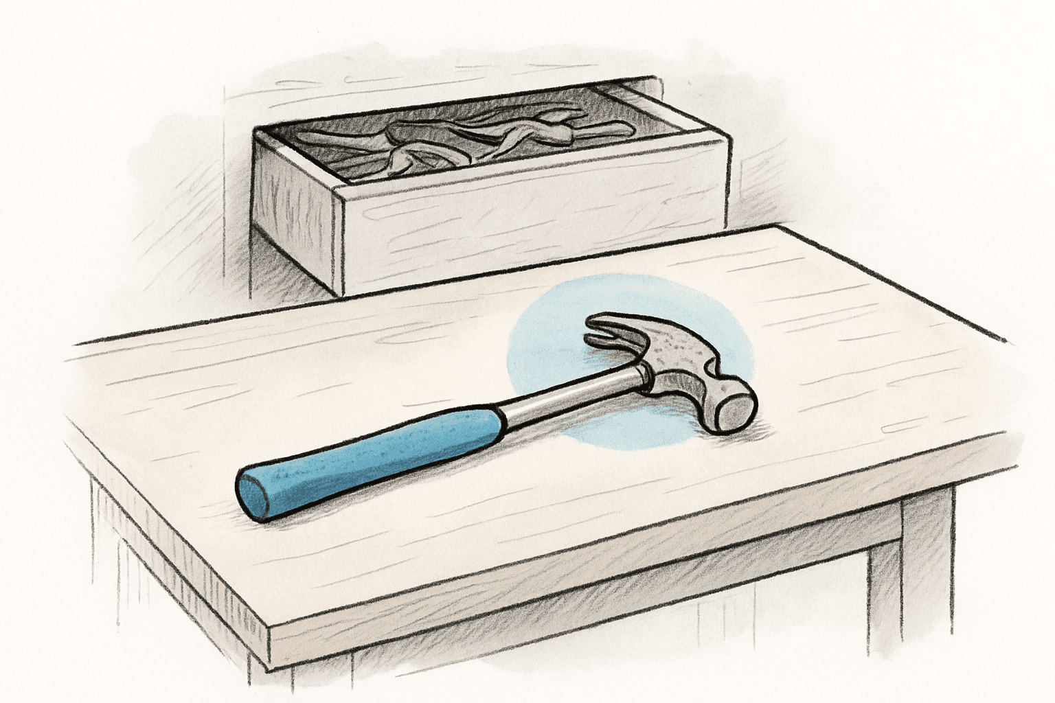 A workbench with a single clean tool laid out and the cluttered drawer of old half-broken tools closed behind it, suggesting a return to usable working conditions.