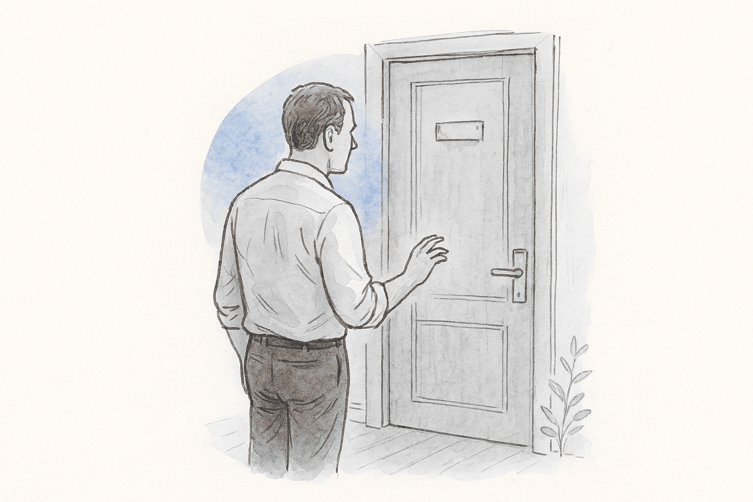 A man in his forties paused with hand raised toward a tall wooden office door, hesitating before knocking.