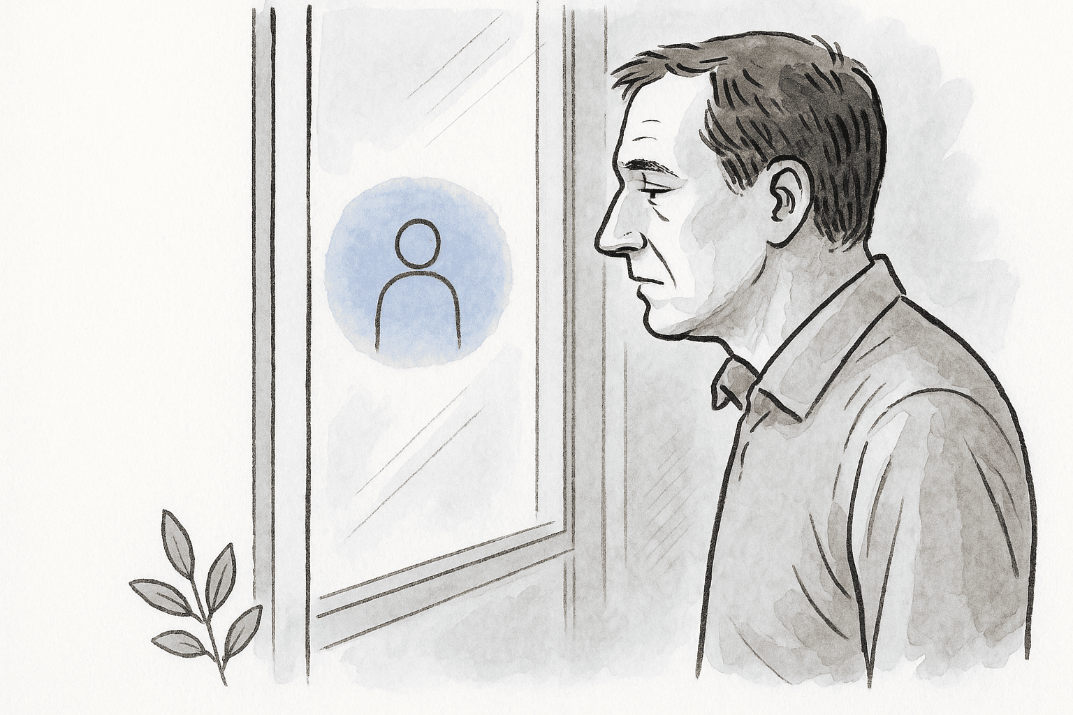 A man in his forties standing close to a window, looking through it but not registering the figure on the other side.