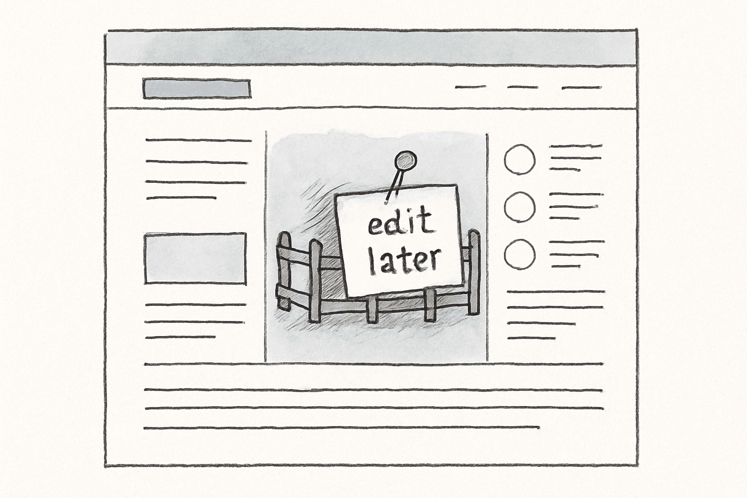 A web page rendered as an architectural blueprint with one section fenced off and tagged 'edit later'.