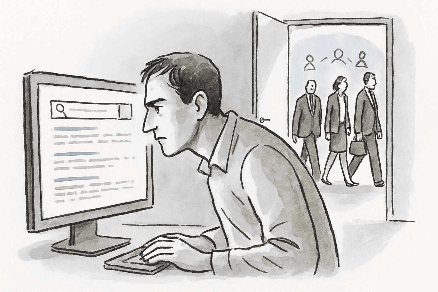 A person stares at a dense search-results screen while three executives walk past behind them through an open door, unnoticed.