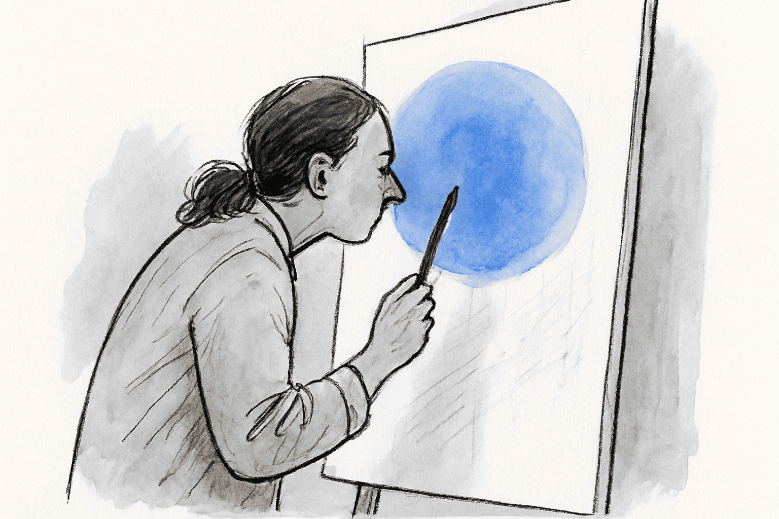 A painter standing with their nose inches from a large canvas, too close to see the full composition