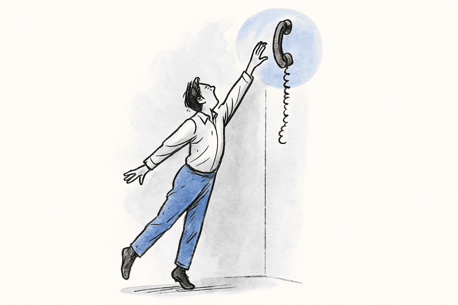 A person reaching upward toward a telephone mounted too high on a wall, the cord dangling just out of reach
