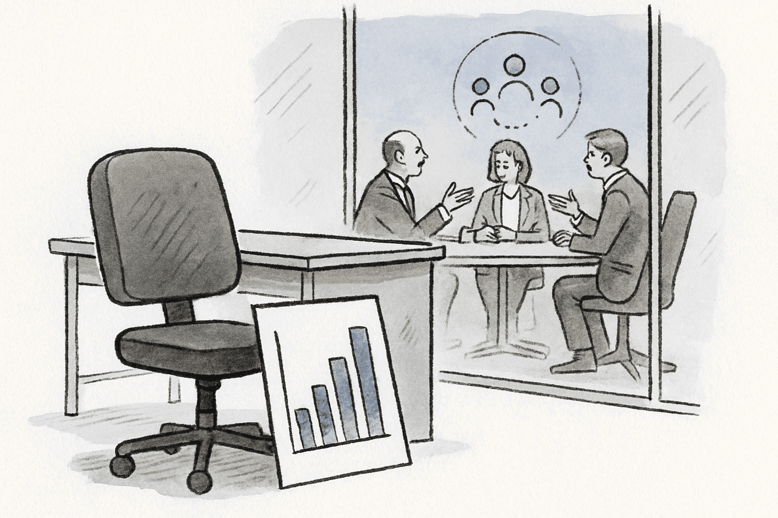 A bar chart leaning against an empty chair pulled from a desk, with a separate boardroom meeting happening behind a glass wall.