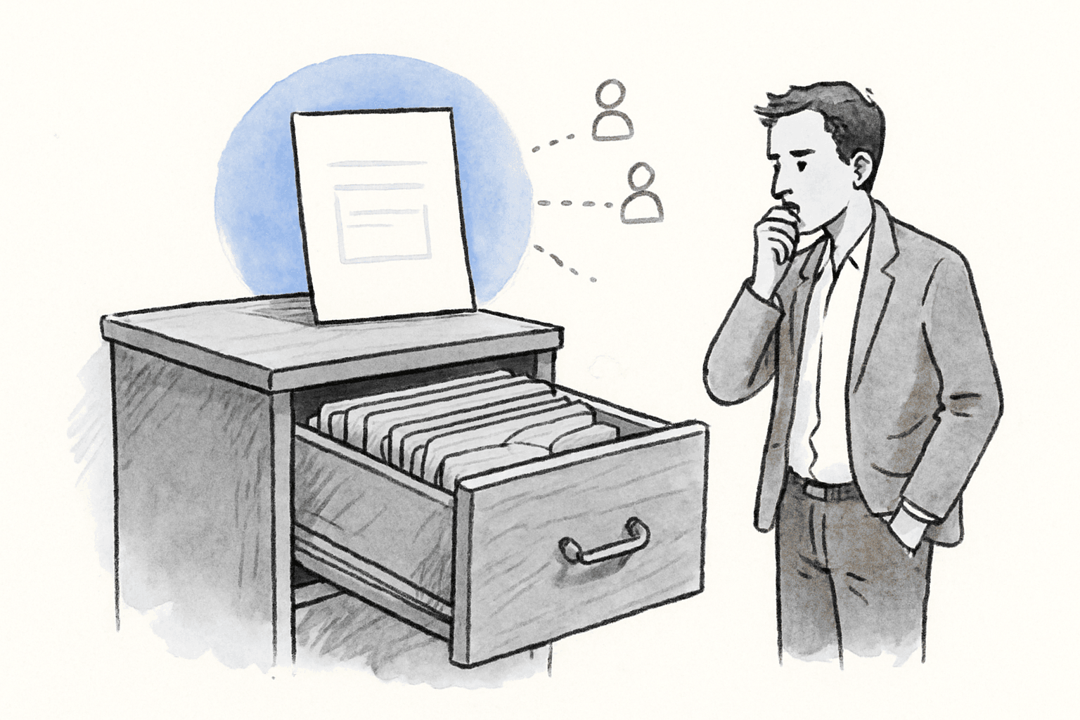 An open filing cabinet drawer of yellowed dated files with a single fresh printed page resting separately on top
