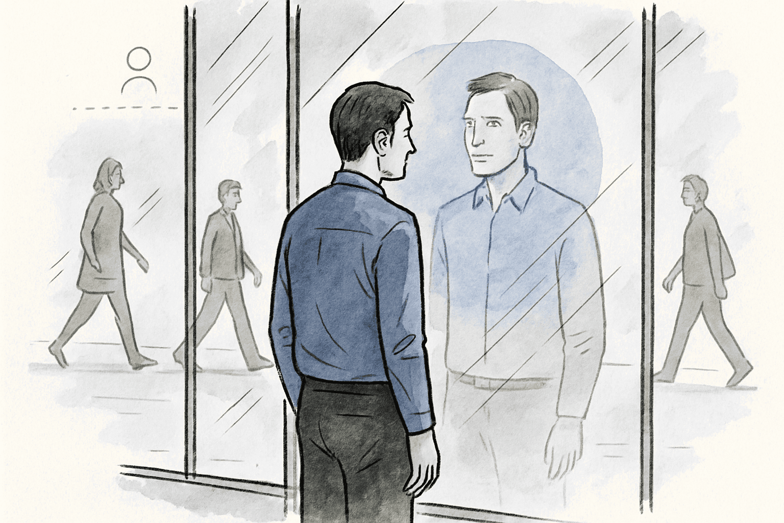 A figure inside a glass building seeing their own reflection instead of the people walking past outside