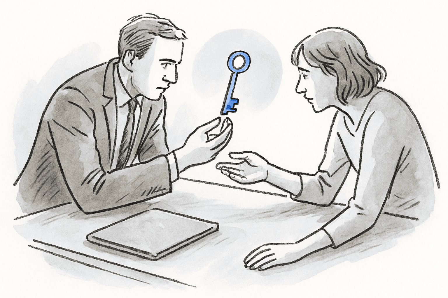 A figure handing a small bright blue key across a desk to another figure, both leaning toward the exchange.