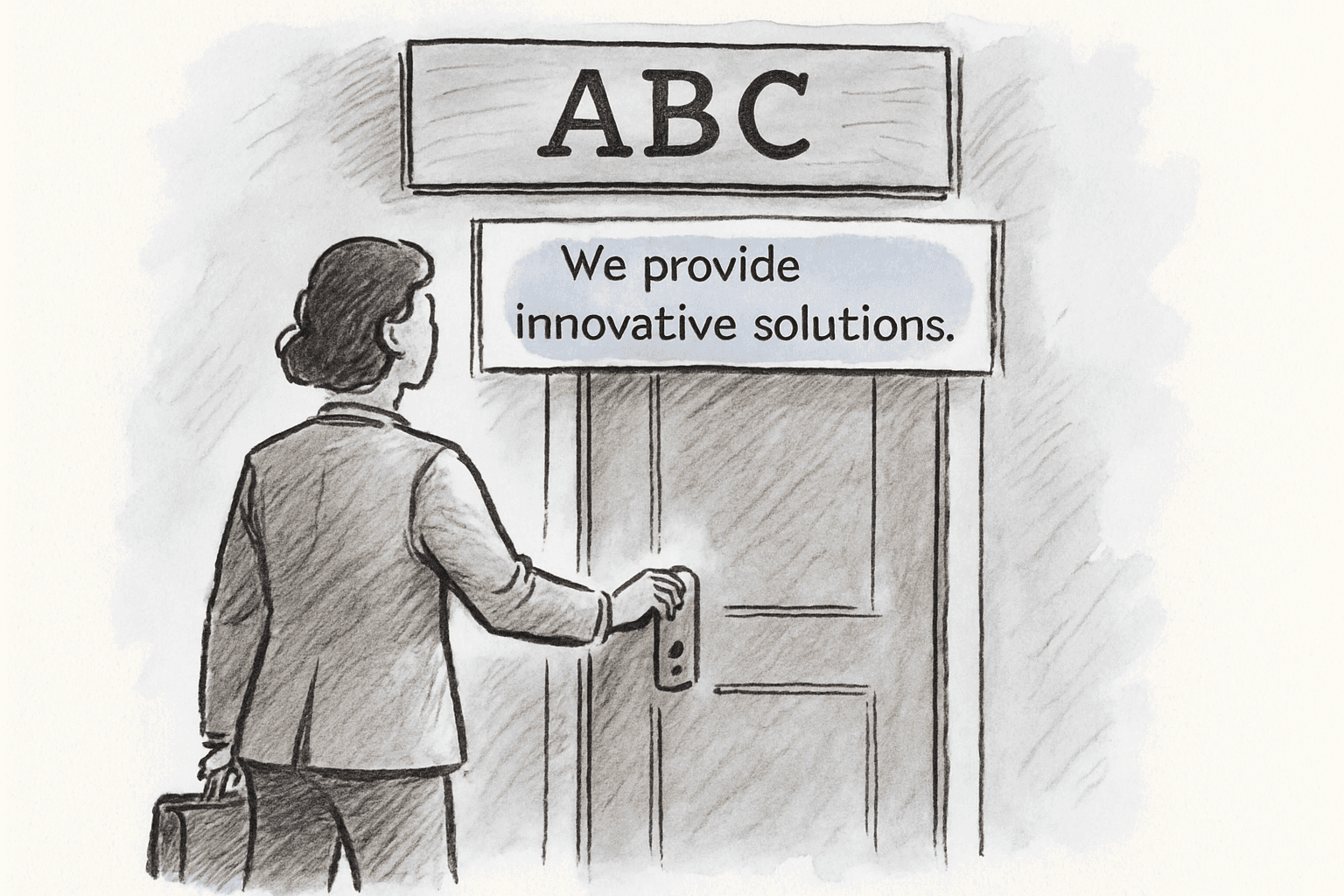 The same figure on the same doorstep, now under a sign that names the company and explains what it does in one sentence, reaching for the door handle with confidence.