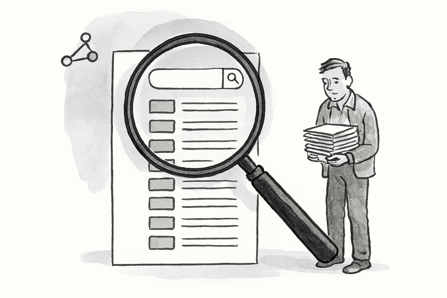 A magnifying glass over a search-results page where every result is a near-identical incumbent firm logo, with a tired figure beside it.