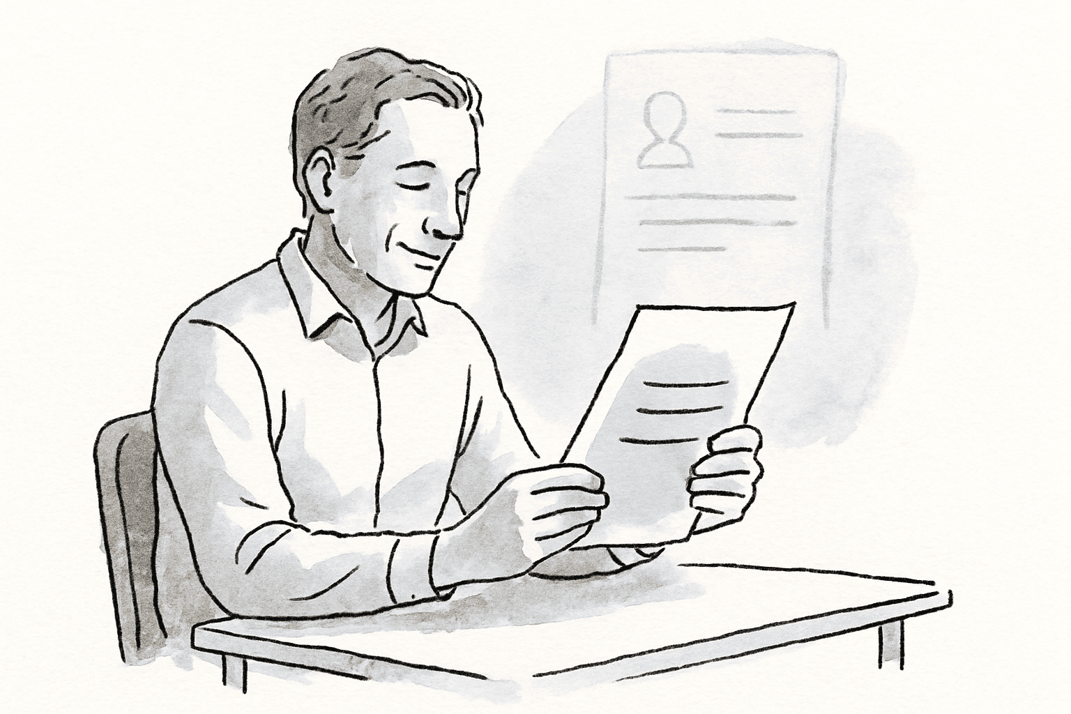 A seated figure reading a page with a faint ghost-version of a different page overlaid behind it