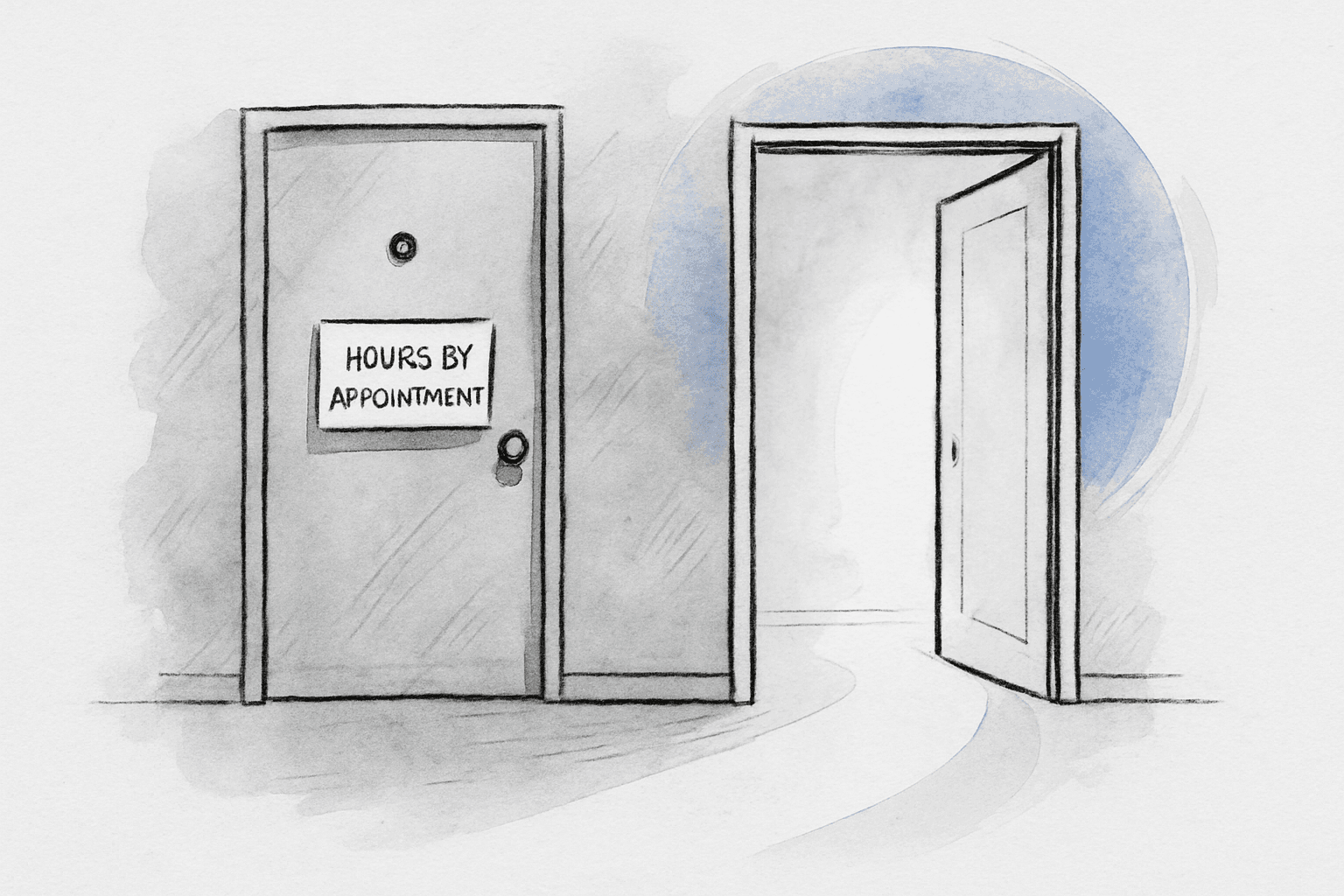 Two doorways side by side: one closed with a small peephole, the other wide open with warm light spilling outward