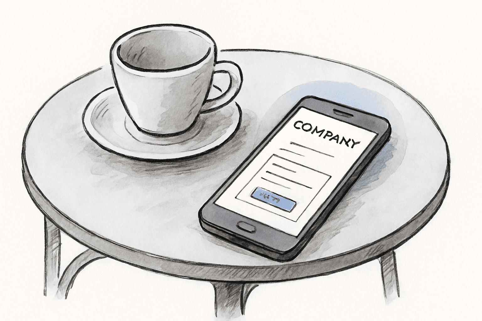 A phone face-up on a cafe table next to an empty cup, showing a website with only a company name and a small contact form.