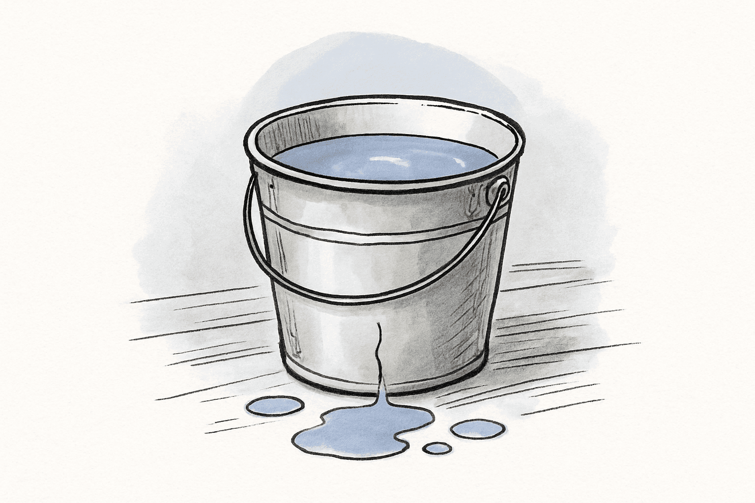 A bucket with a thin stream of water leaking from a hairline crack near the bottom