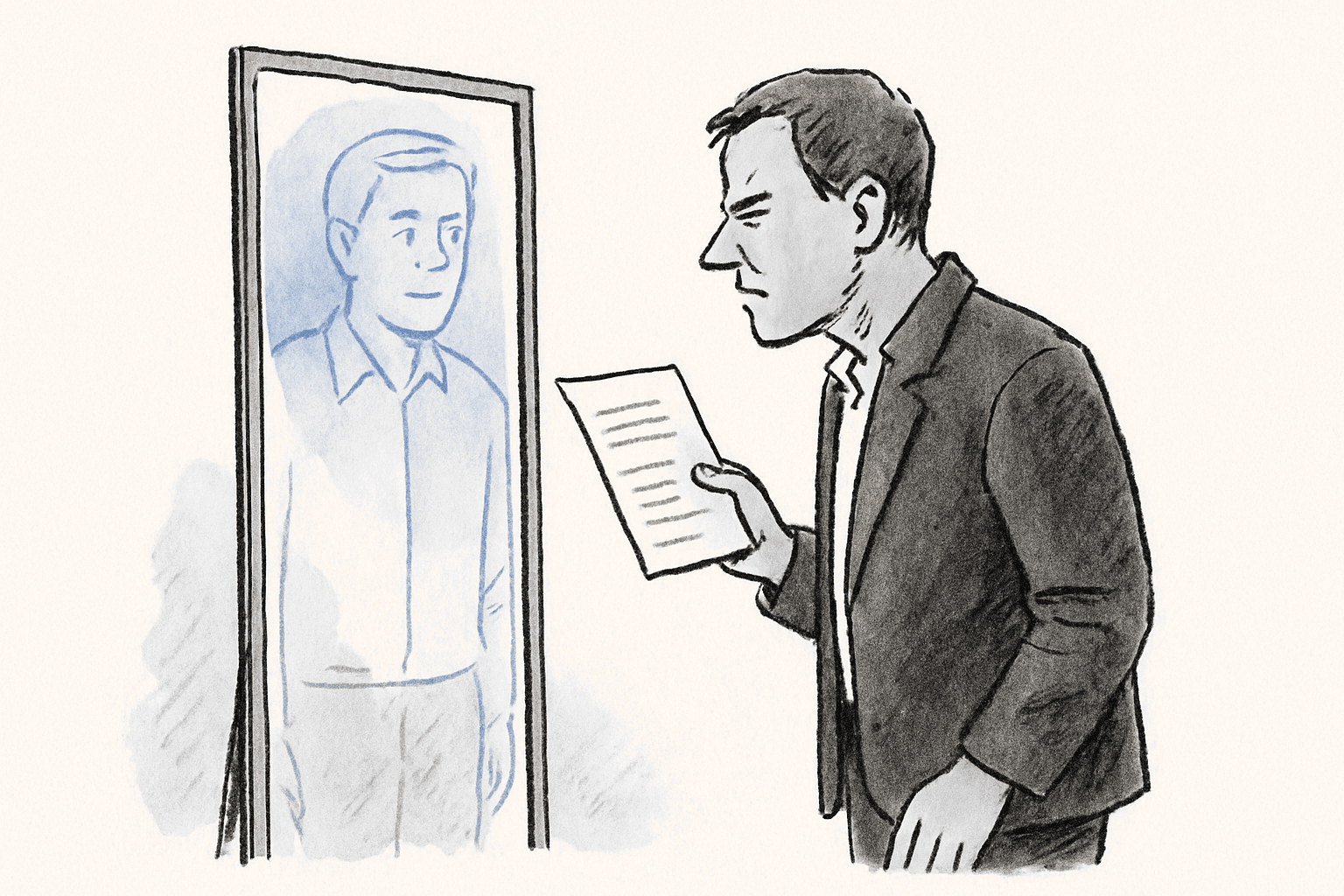 A figure standing in front of a tall mirror whose reflection is a slightly different version, holding a printed page and squinting