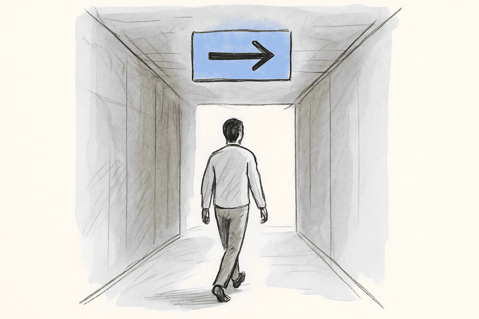 A figure walking through a corridor with a clear overhead sign pointing the way forward