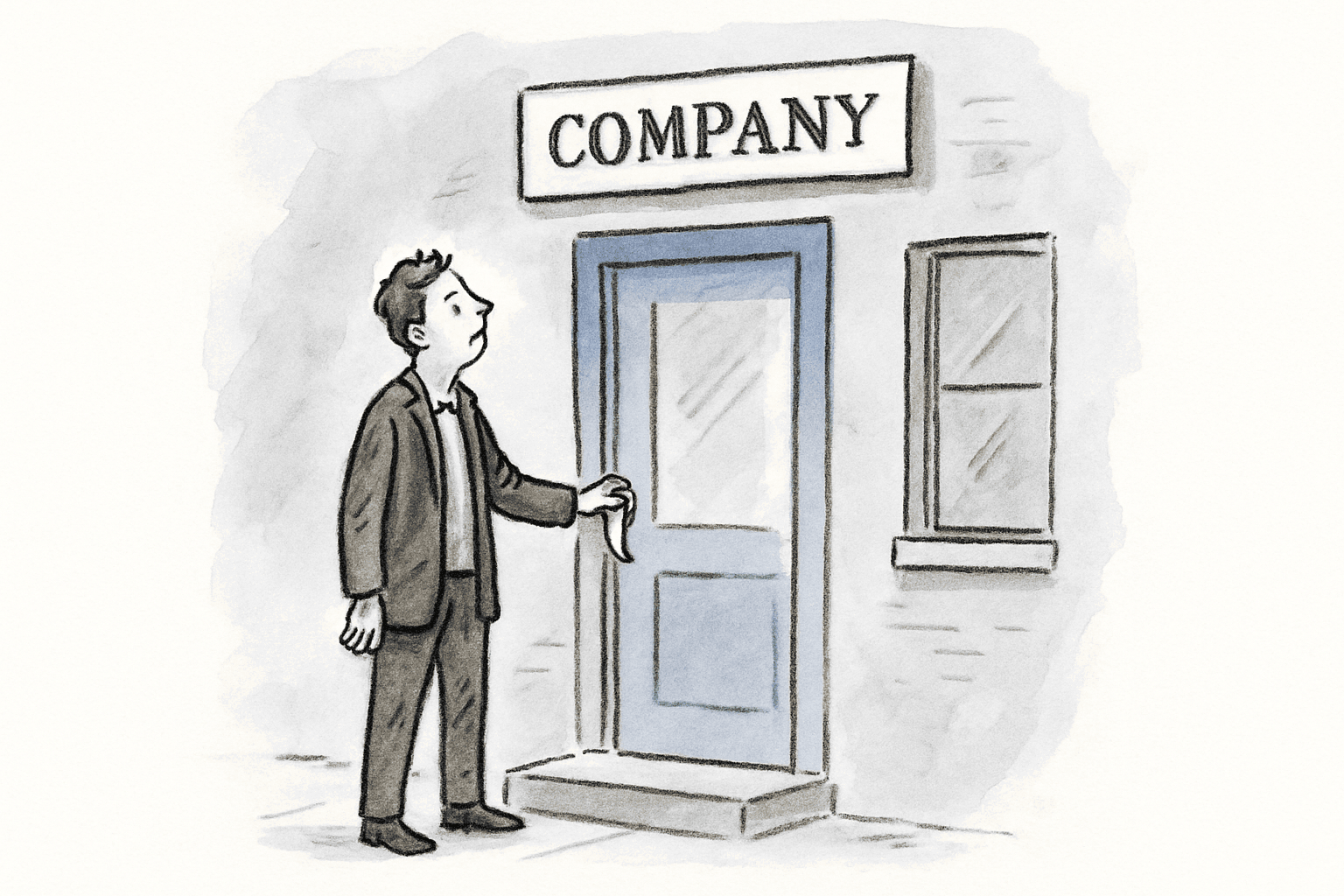 A figure on a doorstep with one hand paused on the door handle, looking up at a wooden sign that shows only the company name and nothing else.