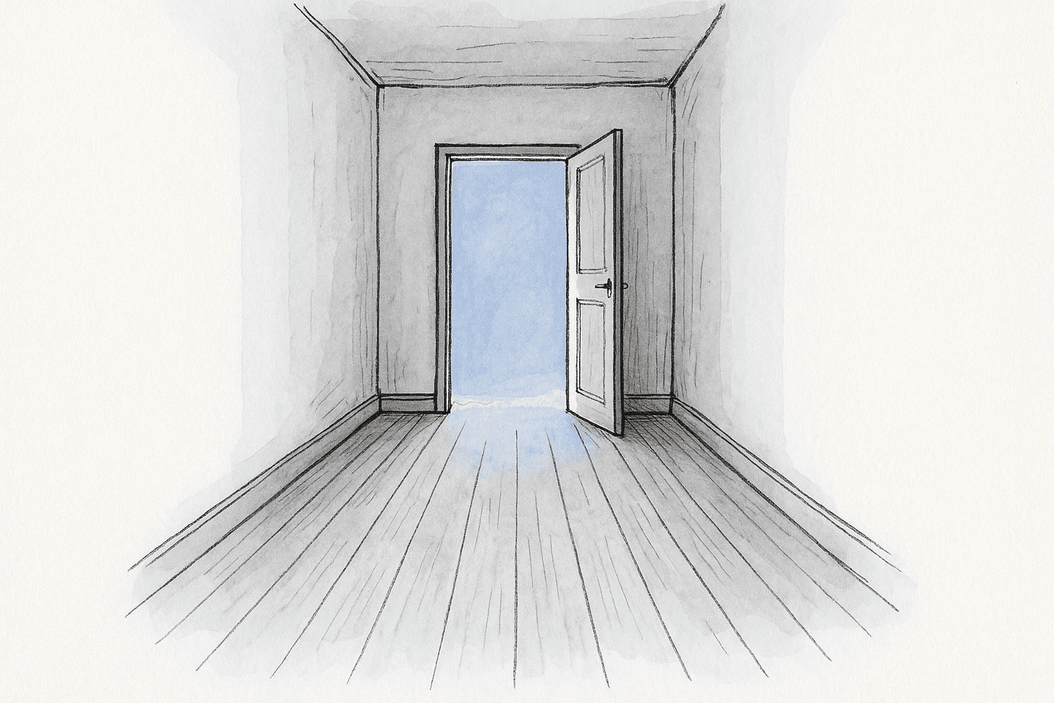 A narrow hallway with a wooden floor leading to an open door, with cool blue daylight spilling toward the viewer.