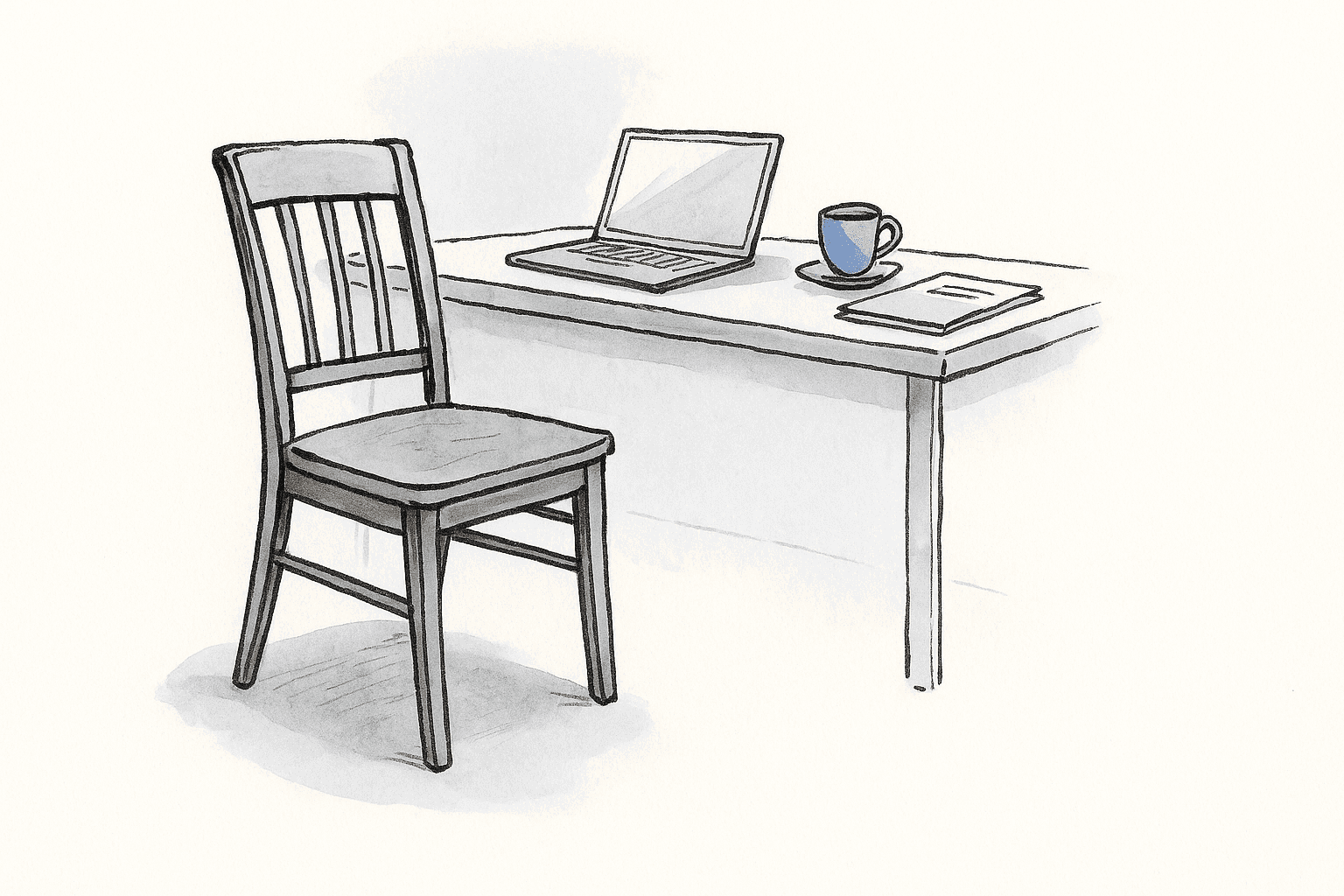 An empty wooden chair pulled back from a desk where a closed laptop and a coffee cup remain.
