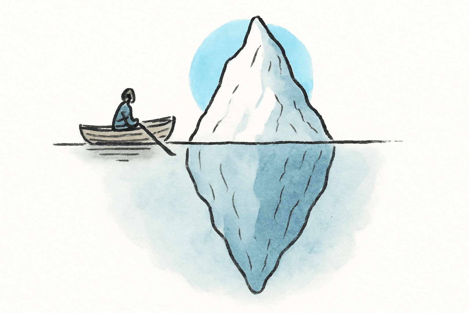 An iceberg seen in profile from beside a small wooden rowboat, the visible tip a small fraction of the mass below the waterline.