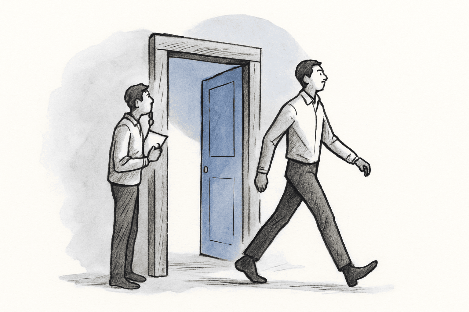 A simple wooden doorway, one figure stepping through with confidence while a second figure pauses at the threshold and reads the doorframe.